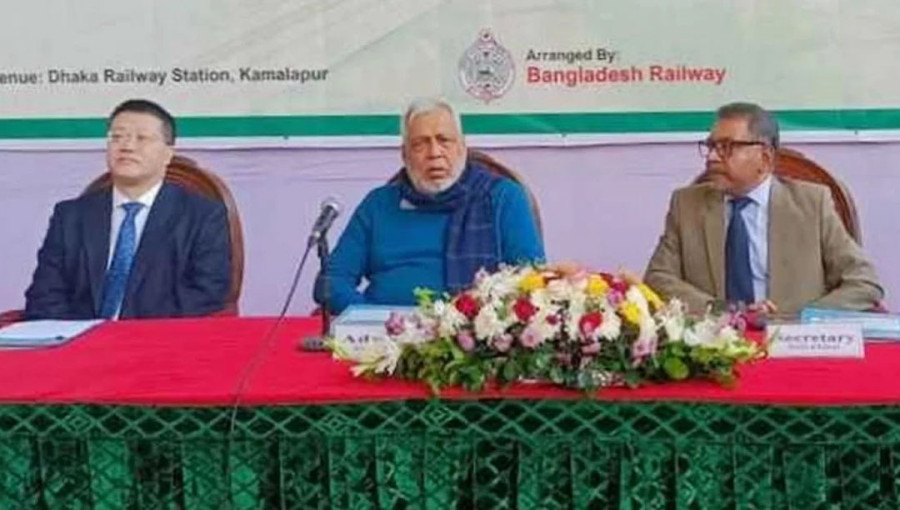 Railway Muhammad Fouzul Kabir Khan speaking at the inauguration of a new train on the Dhaka-Khulna route.