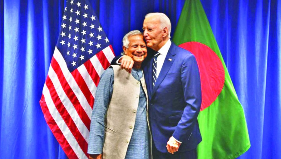 Muhammad Yunus, left, and Joe Biden.