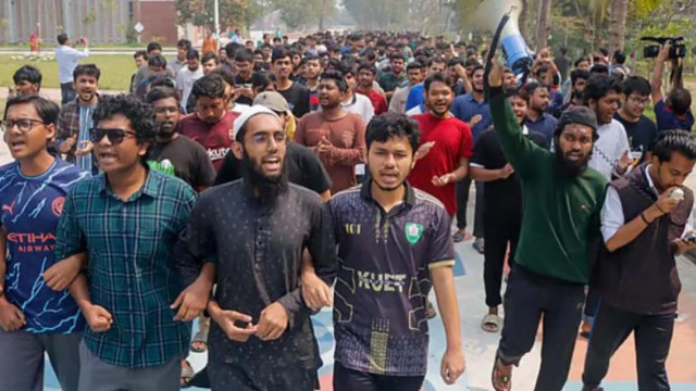 Khulna University of Engineering & Technology students march in an anti-terrorism protest demanding the arrest of attackers and the resignation of the vice-chancellor on Saturday, February 22, 2025.