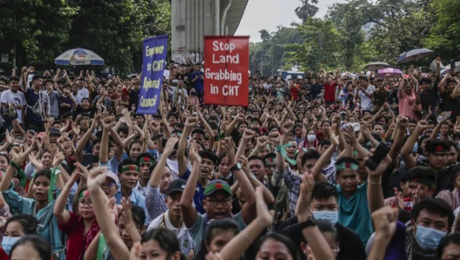 Students protest in Dhaka for justice following clashes between two groups in Dighinala, Khagrachari on Friday, September 20, 2024.