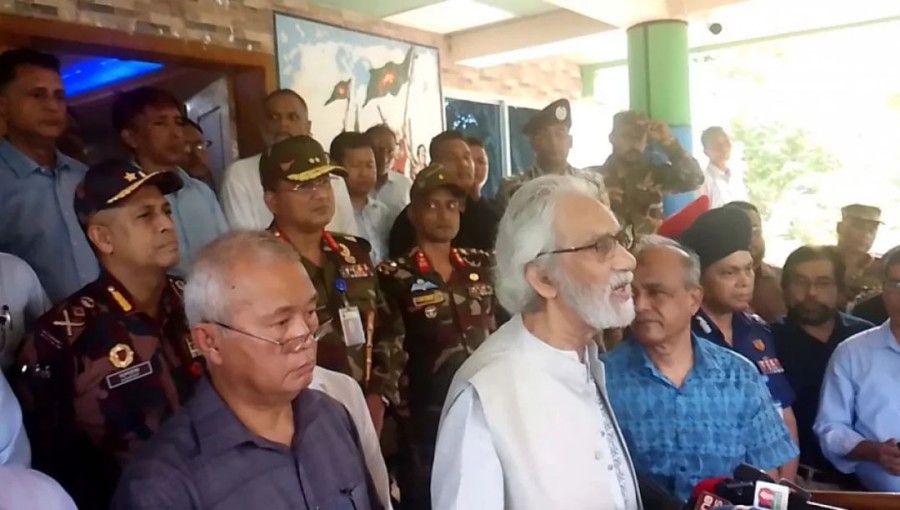 Interim Government's Local Government, Rural Development and Cooperatives Ministry Advisor AF Hassan Ariff addressing journalists after a meeting in Rangamati on Saturday, September 21, 2024.