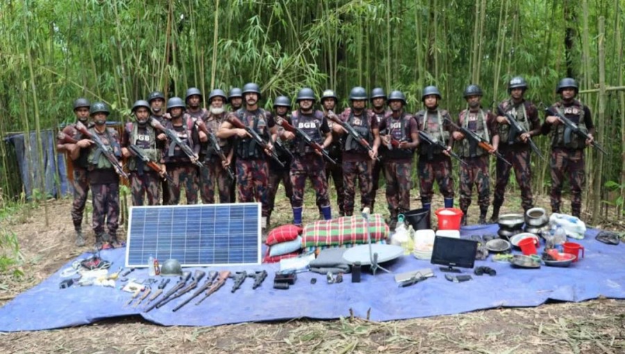 Border Guard Bangladesh (BGB) seizes weapons, ammunition, drones, and signal jammers during an operation in Ruma Upazila, Bandarban on Friday, September 20, 2024.