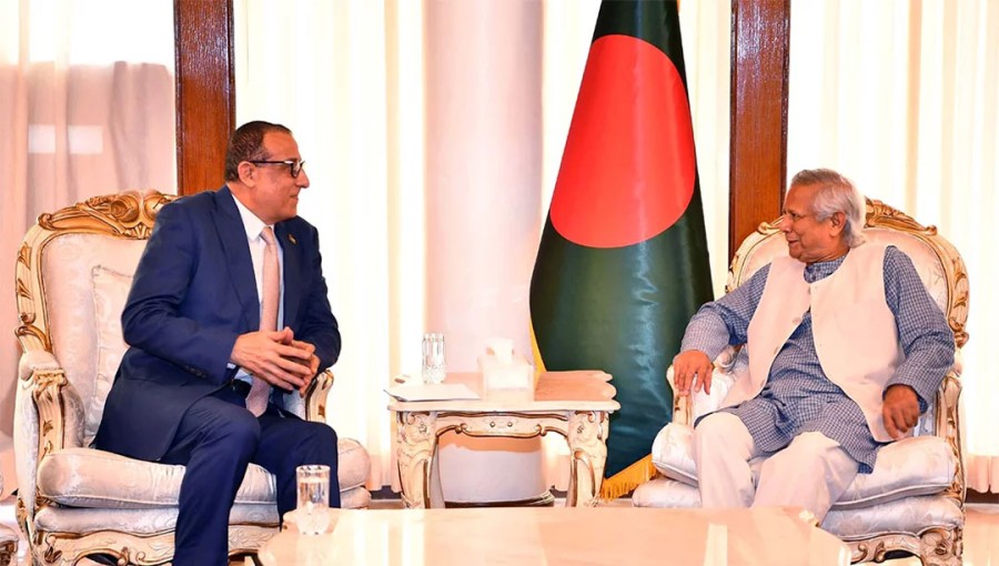 Chief Adviser Dr Muhammad Yunus (R) is pictured with State of Palestine Ambassador Yousef Ramadan during a meeting at the State Guest House Jamuna on Tuesday, October 1, 2024.