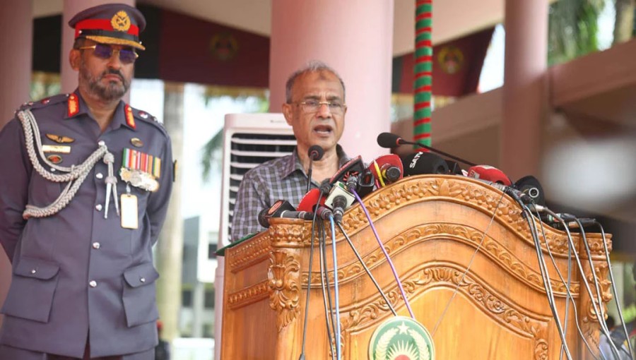 Home Affairs Adviser Lieutenant General (retd) Md Jahangir Alam Chowdhury speaks at the basic training parade for the 40th BCS (Ansar) Cadre Officers and the 25th Batch (Male) Recruit Sepoy at the Bangladesh Ansar VDP Academy in Safipur, Gazipur, on Wednesday, September 18, 2024