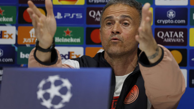 Paris St Germain coach Luis Enrique reacts during a press conference at Anfield in Liverpool on March 10, 2025 . Photo: Reuters