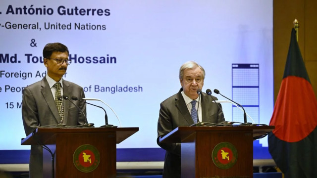 UN Secretary-General António Guterres and Foreign Affairs Adviser Md Touhid Hossain addresses a joint press briefing at the Intercontinental Hotel in Dhaka, Bangladesh on Saturday, March 15, 2025.