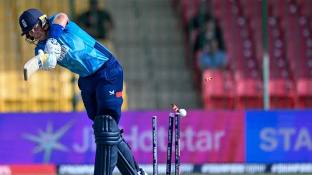 England's Joe Root is cleaned up during Saturday’s Champions Trophy match against South Africa at National Stadium in Karachi Photo: AFP