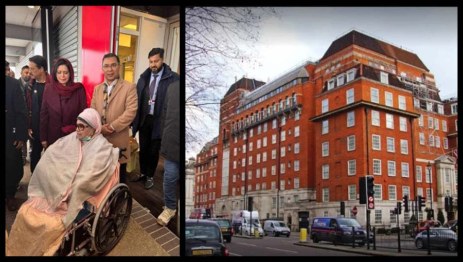 On left-- Khaleda Zia with Tarique Rahman, Zubaida Rahman and others at Heathrow Airport in London, and on the right-- The London Health Clinic. Photos: Collected