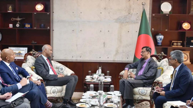 A meeting between Foreign Adviser Hossain and visiting Minister of International Development of Canada Ahmed Hussen at the Ministry of Foreign Affairs.