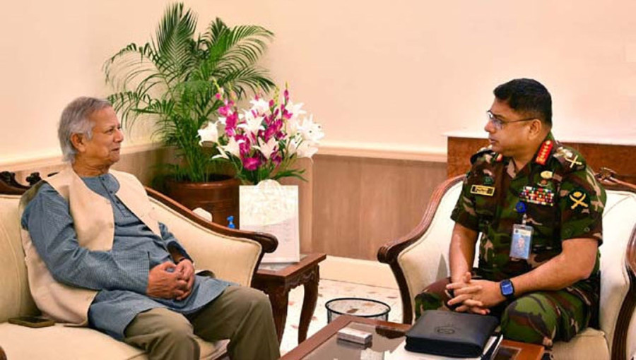 Bangladesh Army Chief General Waker-uz-Zaman calls on Chief Adviser Professor Muhammad Yunus in his office in Tejgaon, Dhaka on Sunday, 10 November 2024.