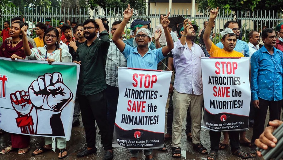 Hindus hold a protest against attacks on minorities across the country, in front of the Bangladesh National Museum in Dhaka on Sunday, August 11, 2024.