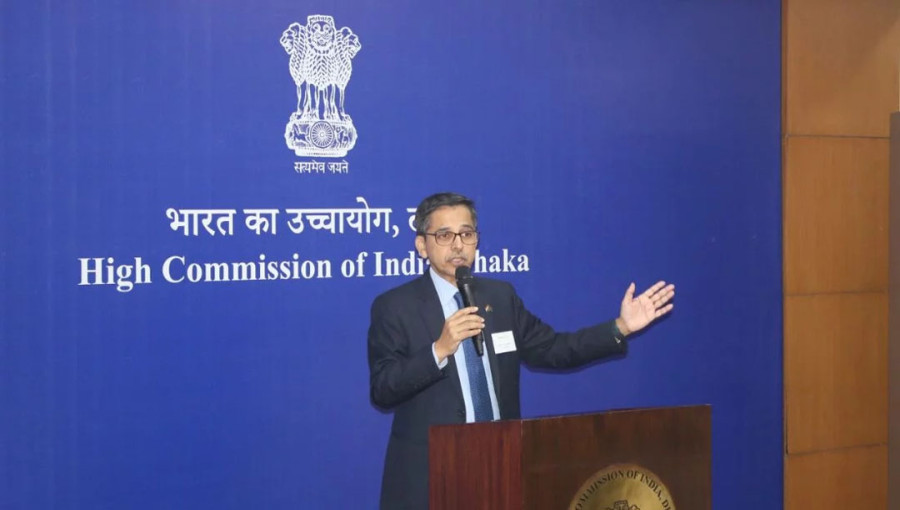 Indian High Commissioner to Bangladesh Pranay Verma speaks during an interaction with diplomatic correspondents at the High Commission on December 23, 2024.