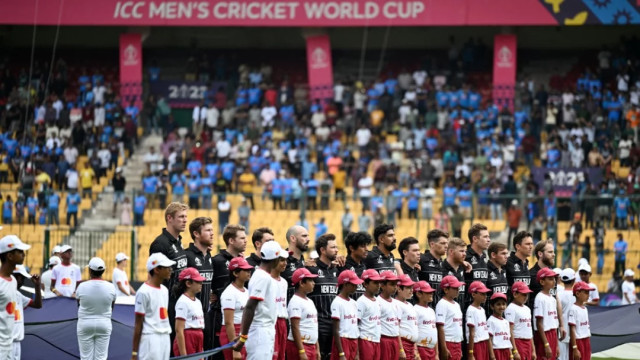 New Zealand players sing the national anthem