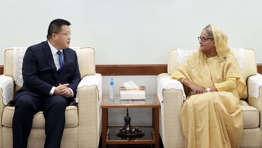 Chinese Ambassador to Bangladesh Yao Wen and Prime Minister Sheikh Hasina are pictured during a meeting at Ganabhaban in Dhaka on Wednesday, April 3, 2024.
