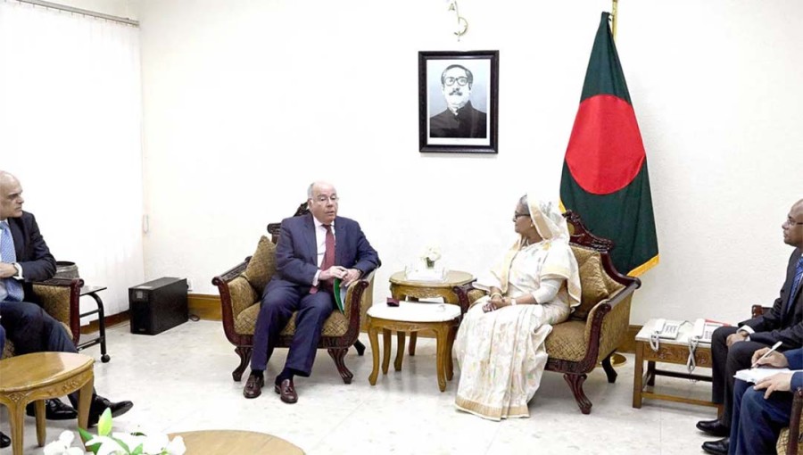 Prime Minister Sheikh Hasina and Brazilian Foreign Minister Mauro Vieira are pictured at the former's office in Dhaka during a meeting on Monday,