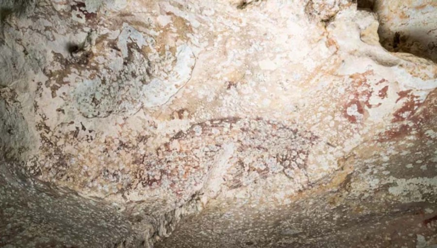 A painting created at least 51,200 years ago in the limestone cave of Leang Karampuang in the Maros-Pangkep region of the Indonesian island of Sulawesi portrays three human-like figures interacting with a wild pig, in this undated handout image.