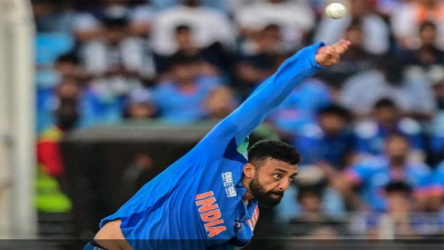 India's Varun Chakravarthy bowls against New Zealand during Sunday’s Champions Trophy match in Dubai Photo: AFP