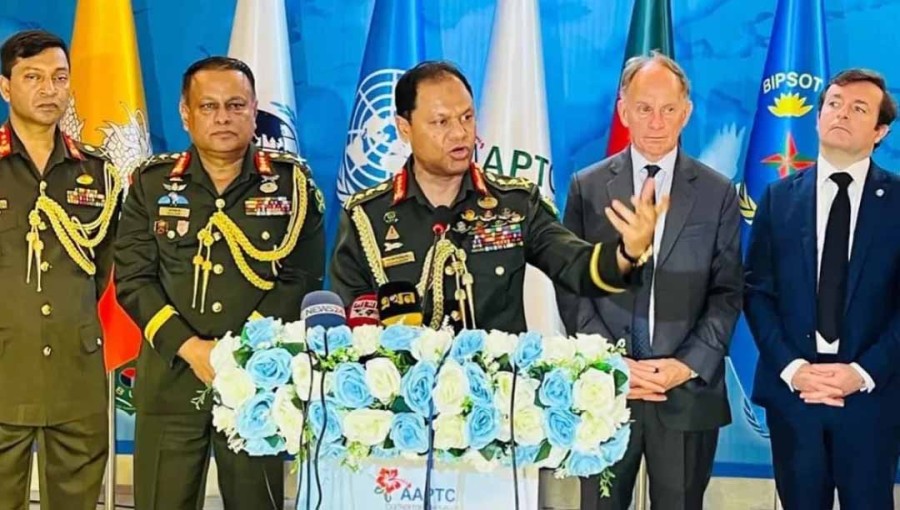 Bangladesh – Chief of Army Staff of Bangladesh General SM Shafiuddin Ahmed addressing a press briefing on Monday following the inauguration of the 12th Annual General Meeting and Workshop of the Association of Asia-Pacific Peace Operations Training Centers (AAPTC) at the Bangladesh Institute of Peace Support Operations Training (BIPSOT) in Rajendrapur, Gazipur, May 27, 2024.