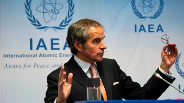 IAEA Director General Rafael Grossi addresses the media, stating that recent U.S. airstrikes did not completely destroy Iran’s nuclear facilities.