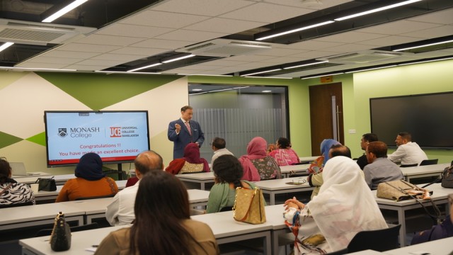 Students and parents attend the orientation program for the third intake of the Monash University Foundation Year 2025 at Universal College Bangladesh (UCB). Photo: Press Release