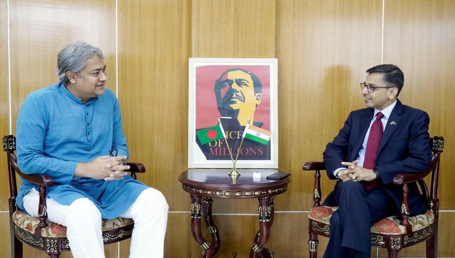 Muhammad Ali Arafat, the state minister of information and broadcasting, and Pranay Verma, the Indian high commissioner to Bangladesh. Photo PID