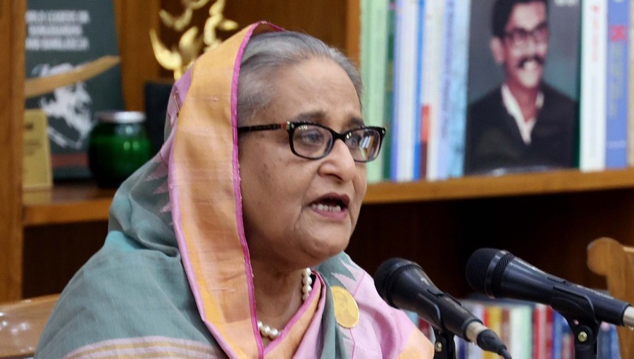 Prime Minister Sheikh Hasina speaks at a press conference in Ganabhaban, Dhaka, discussing the outcomes of her recent state visit to India. (June 25, 2024)