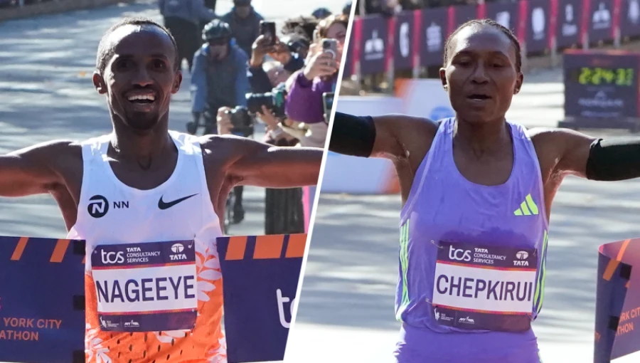 Victorious runners: Abdi Nageeye and Sheila Chepkirui pose after claiming the men's and women's titles at the TCS New York City Marathon.