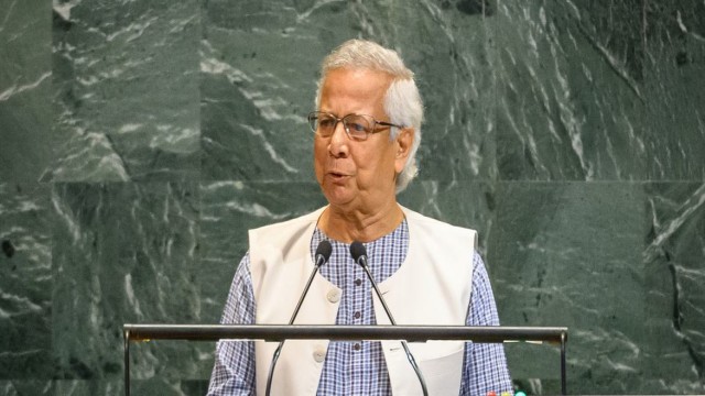 Chief Adviser Muhammad Yunus of Bangladesh addresses the 80th session of the United Nations General Assembly in New York on Friday. (UN Photo/Loey Felipe)