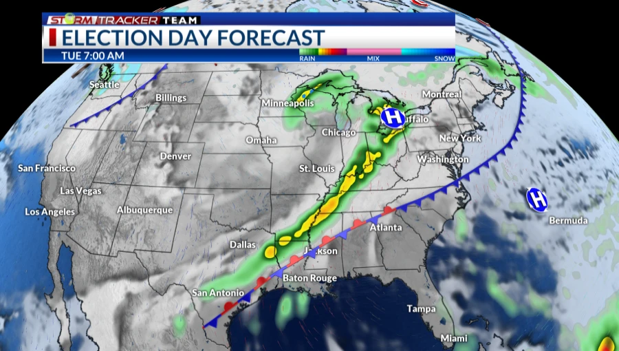 Voters in the U.S. face a variety of weather conditions on Election Day, from heavy rain and thunderstorms in the central and southern states to warm, dry weather along the East Coast. Polling places in storm-prone areas, such as Louisiana and Michigan, may see disruptions as voters navigate inclement weather.