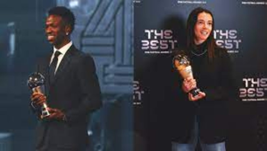 Vinícius Júnior and Aitana Bonmatí proudly pose with their FIFA The Best Awards for 2024. Vinícius Júnior was recognized as the Best Men's Player after his stellar performance with Real Madrid and Brazil, while Aitana Bonmatí earned the Best Women's Player Award for her role in Spain's World Cup triumph and Barcelona's successes.