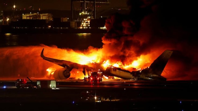 Japan Airlines aircraft catches fire at Haneda Airport in Tokyo.