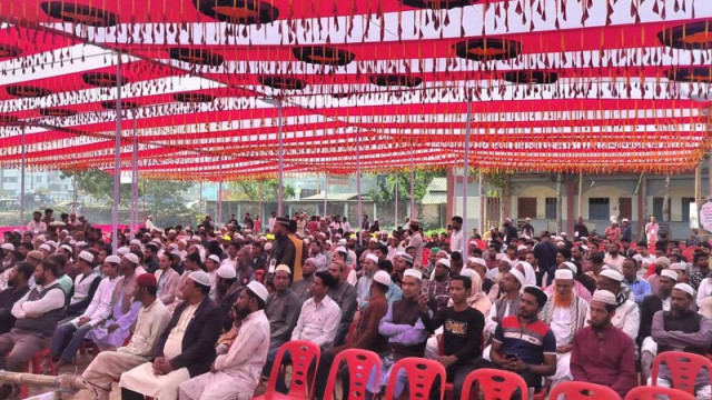 "Jamaat-E-Islami leaders and workers at a meeting in Madhabpur, discussing strategies for the upcoming national elections."