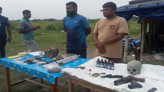 "Weapons, drugs, Tk 12 lakh in cash and other items recovered during a military raid on Kakon Bahini hideouts in Pabna and Natore."