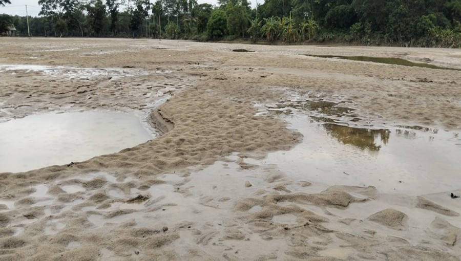 "Parshuram farmer surveys flood-damaged field, now buried under several feet of sand."