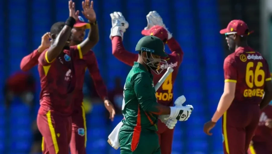 "Bangladesh captain Litton Das walks back to the pavilion after an early dismissal, as the team struggles against West Indies' spin attack in a crucial match."