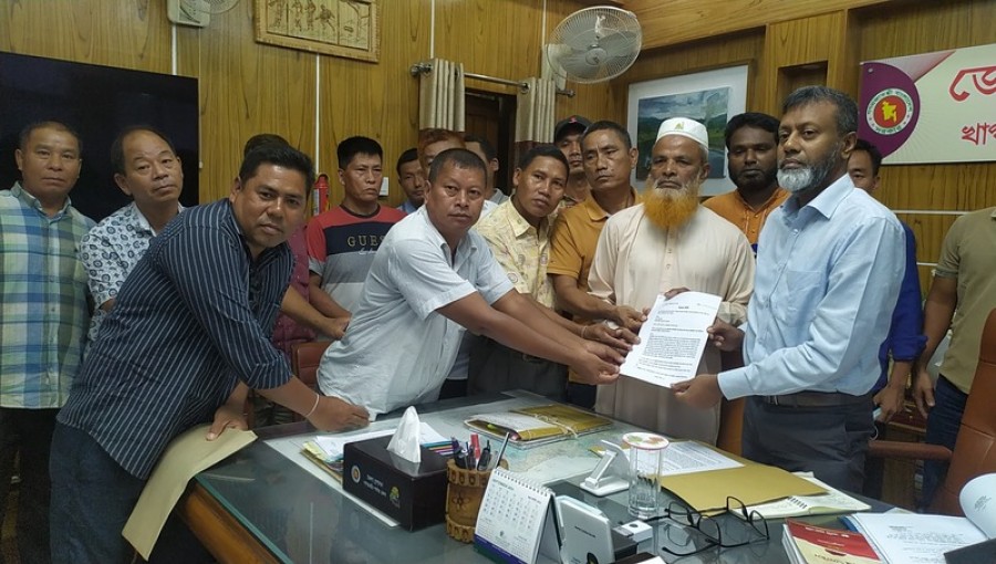 "Dismissed BDR members in Khagrachari submit a memorandum to the Deputy Commissioner, urging reinstatement and justice for the 2009 Pilkhana massacre." Photo: V7N