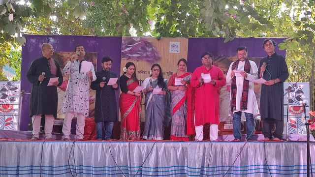 "Dhaka's Kotha Kobita Abritti Charcha Kendra performs a group poetry recitation at the festival in Chatmohar."