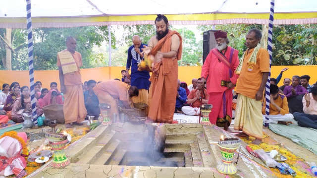 Devotees participate in religious ceremonies during the 18th anniversary celebration of Tapoban Ashram in Khagrachari.