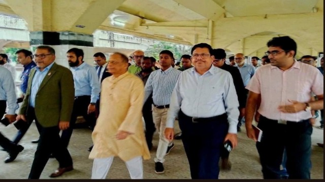 Senior Secretary of the Road Transport and Highways Division Md. Ehsanul Haque and Railways Secretary Md. Fahimul Islam Shovon inspect the project site at Dhalarchar in Bera upazila of Pabna on Friday afternoon.