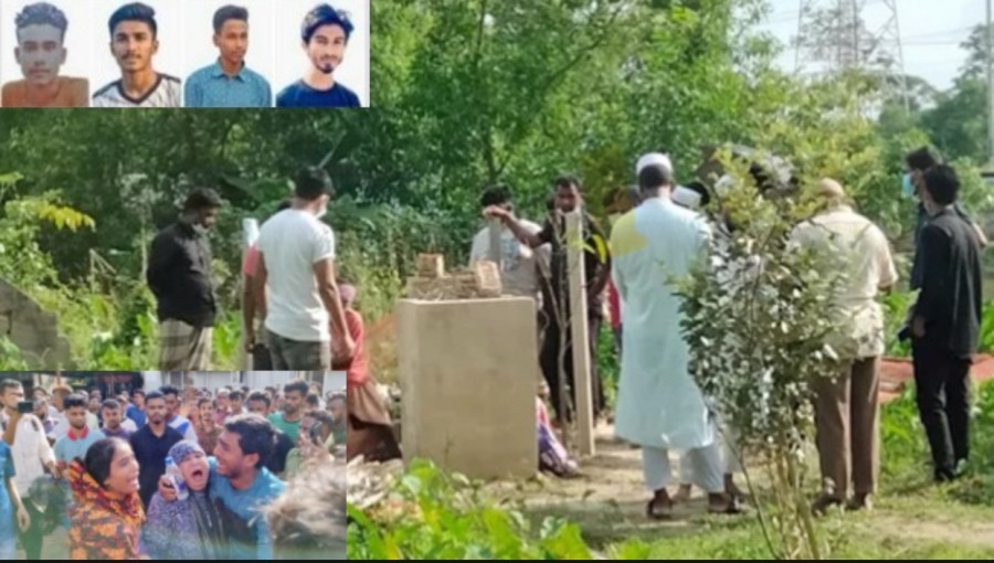 Relatives mourn as the bodies of four martyrs from the Feni anti-discrimination protests are exhumed for autopsy, 36 days after their burial. Photo: V7N