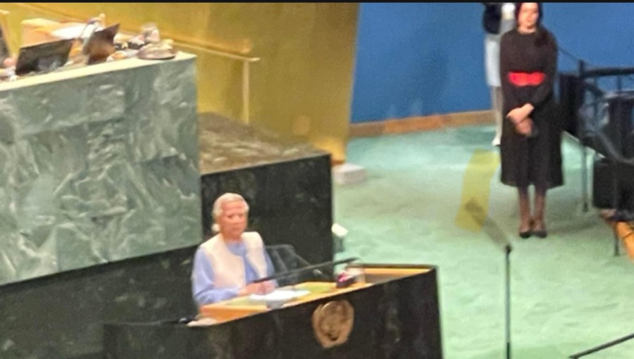 Professor Muhammad Yunus addressing the UN General Assembly, outlining Bangladesh's vision for a just and inclusive future. Photo: V7N