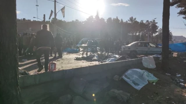 Iran Blasts: People gather at the scene of explosions during a ceremony held to mark the death of late Iranian General Qasem Soleimani, in Kerman.