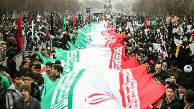 Iran displays domestically produced satellite carrier and multiple ballistic missiles during a massive rally in Tehran, marking the 46th anniversary of the Islamic Revolution.