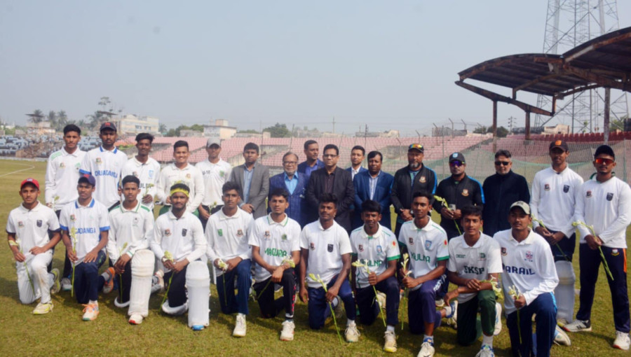 "Khulna Divisional Commissioner Md. Firoz Sarkar with players and officials at the Under-18 Young Tiger National Cricket Tournament-2024-25 event at Khulna Divisional Stadium on January 2."