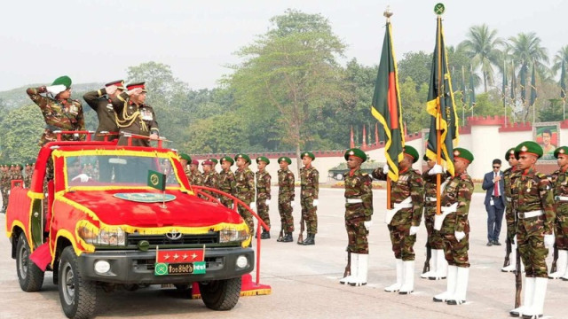 "Chief of Army Staff General Waker-uz-Zaman being inaugurated as the 'Colonel of the Regiment' at the Bangladesh Infantry Regimental Center in Rajshahi, with full military honors."