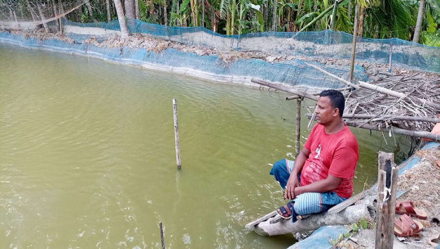 Cyclone Remal’s Wrath: Shrimp Farmer Vikash Majumdar Amidst His Devastated Farms in Bagerhat, Struggling with Debt and Uncertainty. Photo: Voice7 News