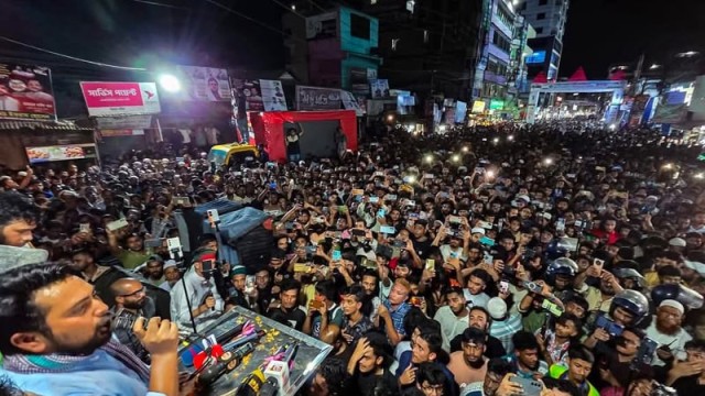 NCP Convenor Nahid Islam addressing supporters during a public rally in Kishoreganj, calling for justice, reform, and a new constitution.