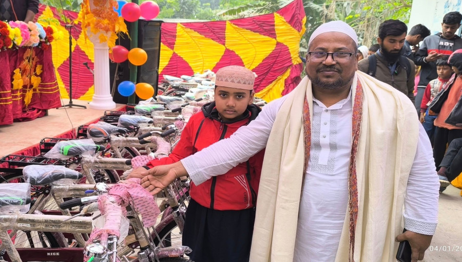 Students receiving bicycles as a reward for offering five daily prayers for 40 consecutive days at the newly built Baytullah Nur Jame Masjid in Ishwardi, Pabna.