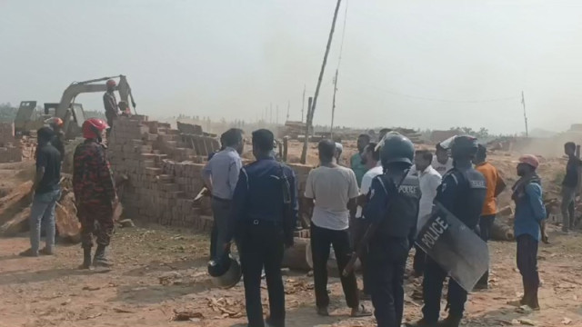 Authorities conducting an operation against illegal brick kilns in Pabna, where 12 kilns were fined Tk 50 lakh and 4 were demolished. The operation was carried out with the support of local administration, army, police, RAB, and fire services.