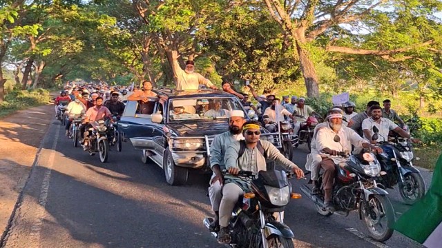 Returning to Bangladesh, Jamaat candidate for Pabna-5 and district Nayeb-e-Ameer Maulana Iqbal Hossain leads a grand motorcycle showdown in Ataikula, Pabna, on Wednesday afternoon.
